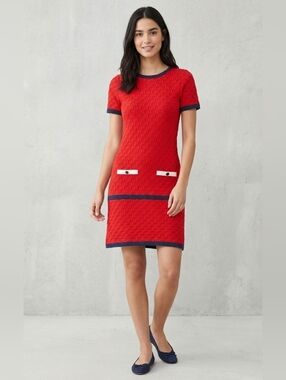 El Ganso Paris Retro Red Knit Shift Dress With Navy Trim Size Small